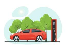 Electric car is charging. Electric car with charging station.The concept of charging an electric car. Isolated vector illustration electric vehicle.
