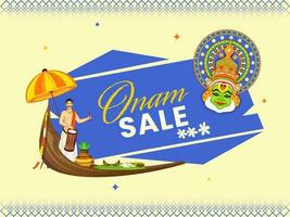 Onam Sale Poster Design With South Indian Drummer, Kathakali Dancer Face And Festival Elements Over Background. vector