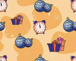 repetir menos Navidad pelotas o adornos con regalo cajas y cuenta regresiva reloj en pastel naranja antecedentes. vector