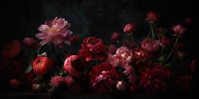 , Close up of blooming flowerbeds of amazing red color flowers on dark moody floral textured background. Photorealistic effect.. photo