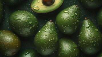 , Macro Fresh Juicy half and whole of green avocado fruit background as pattern. Closeup photo with drops of water