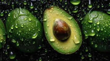 Generative AI, Macro Fresh Juicy half and whole of green avocado fruit background as pattern. Closeup photo with drops of water