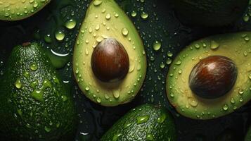 , Macro Fresh Juicy half and whole of green avocado fruit background as pattern. Closeup photo with drops of water
