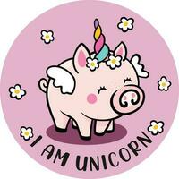 Funny unicorn piggy on round sticker vector