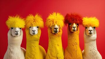 , Group of positive different colors Lamas, funny animals. Individuality, independence, think different, creative idea, diversity and inclusive concept. photo