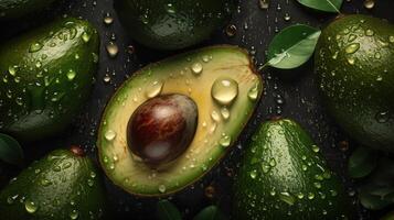 , Macro Fresh Juicy half and whole of green avocado fruit background as pattern. Closeup photo with drops of water