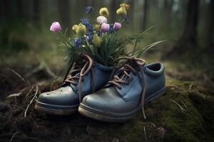 , Old boot with meadow spring flowers, handmade shoe planter. Environmental activism concept photo