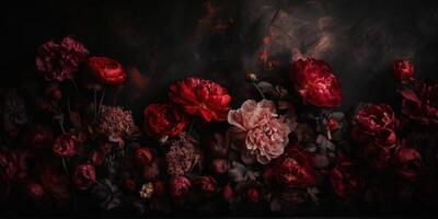 , Close up of blooming flowerbeds of amazing red color flowers on dark moody floral textured background. Photorealistic effect.. photo