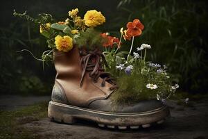 , Old boot with meadow spring flowers, handmade shoe planter. Environmental activism concept photo