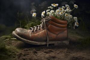 , Old boot with meadow spring flowers, handmade shoe planter. Environmental activism concept photo