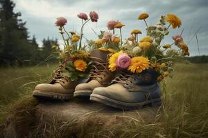 , Old boot with meadow spring flowers, handmade shoe planter. Environmental activism concept photo