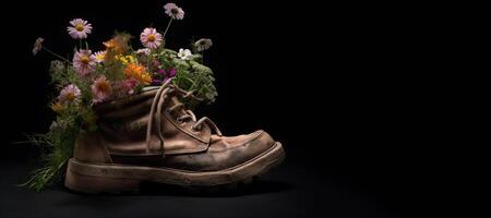 , Old boot with meadow spring flowers, handmade shoe planter. Environmental activism concept photo