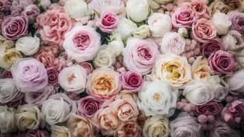 , flowers wall background with white and light pink fresh roses, pastel and soft bouquet floral card photo