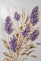 , lavender branches hand drawn oil painting with golden leaves on white background photo