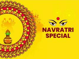 navratri especial póster diseño con diosa Durga mamá, Adoración maceta en amarillo mandala modelo antecedentes. vector