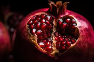 , Macro Fresh Juicy half of pomegranate fruit background. Closeup photo