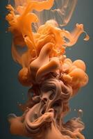 , Flowing light apricot crush smoke with splashes. Soft fluid banner, spring female mood, 3D effect, modern macro realistic abstract vertical background, ink in water effect.. photo