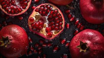 , Macro Fresh Juicy half and whole of pomegranate fruit background as pattern. Closeup photo with drops of water