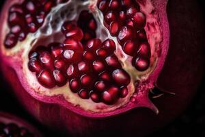 , Macro Fresh Juicy half of pomegranate fruit background. Closeup photo