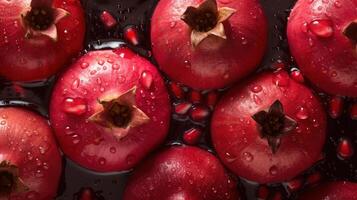 , Macro Fresh Juicy half and whole of pomegranate fruit background as pattern. Closeup photo with drops of water