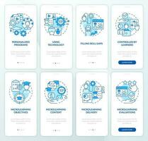 Microlearning-based training blue onboarding mobile app screen set. Walkthrough 4 steps editable graphic instructions with linear concepts. UI, UX, GUI template vector
