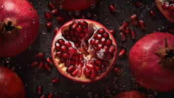 , Macro Fresh Juicy half and whole of pomegranate fruit background as pattern. Closeup photo with drops of water