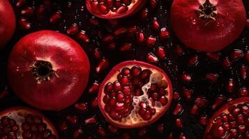 , Macro Fresh Juicy half and whole of pomegranate fruit background as pattern. Closeup photo with drops of water