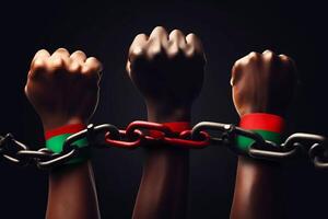 Uneteenth Independence Day concept. Hands are shackled with a red green chain. illustration photo
