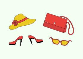 Summer  accessories. Hat, bag and shoes. Women's shoes. Vector illustration, doodle.Sunglasses. Beach vacations.