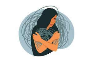 Young woman with a anxiety in heart. Sad girl has problems in relationship with love heartache. Vector illustration