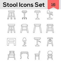 Set Of Stool And Chair Icon In Black Line Art. vector