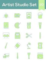 Green And White Color Set of Artist Studia Icon In Flat Style. vector