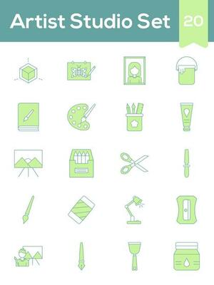 Green And White Color Set of Artist Studia Icon In Flat Style.