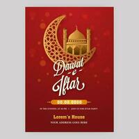 Dawat-E-Iftar Flyer Design With Golden Crescent Moon And Mosque On Red Background. vector