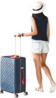 Rear view of walking tourist woman with traveller luggage isolated background png