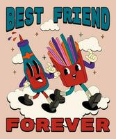 Best friend forever. Psychedelic, groovy retro cartoon ketchup, fries character. Funny faces with vibrant colors. Crazy vector illustration.