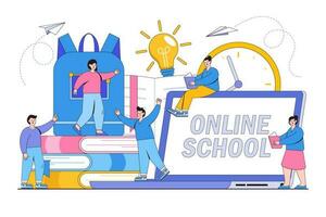 Junior elementary grades, children to learn from books and the internet concept. Outline design style minimal vector illustration for landing page, web banner, infographics, hero images