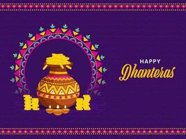 Happy Dhanteras Font With Gold Coins In Mud Pot And Lit Oil Lamps On Purple Zigzag Lines Background. vector