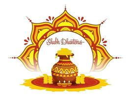 Happy Dhanteras Font With Mud Pot Full Of Gold Coins, Lit Oil Lamps On Mandala Or Rangoli White Background. vector