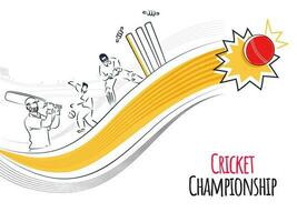 Cricket Championship Concept With Doodle Style Batsman, Bowler, Wicker Keeper Player And Yellow Striped Wave On White Background. vector