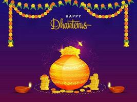 Happy Dhanteras Celebration Background With Golden Coins In Mud Pot, Lit Oil Lamps And Floral Garland. vector