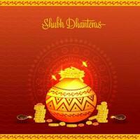 Happy Dhanteras Concept With Gold Coins In Mud Pot, Lit Oil Lamps On Red Zigzag Lines Background. vector