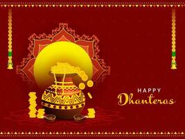 Happy Dhanteras Font With Gold Treasure Pot, Floral Garland Toran And Mandala Frame On Red Background. vector