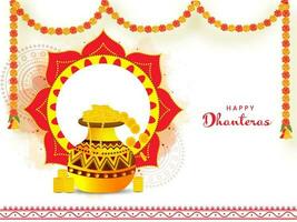 Happy Dhanteras Concept With Gold Treasure Pot, Empty Mandala Frame And Floral Garland On White Background. vector