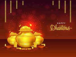 Happy Dhanteras Celebration Concept With Golden Coin Pots And Lit Oil Lamps On Brown Light Effect Mandala Background. vector