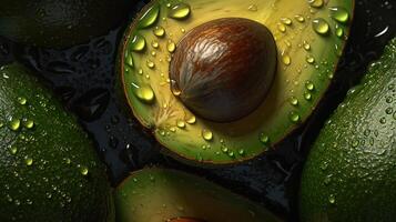 , Macro Fresh Juicy half and whole of green avocado fruit background as pattern. Closeup photo with drops of water