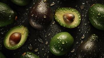 Generative AI, Macro Fresh Juicy half and whole of green avocado fruit background as pattern. Closeup photo with drops of water