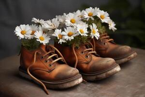 , Old boot with meadow spring flowers, handmade shoe planter. Environmental activism concept photo