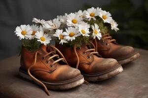 generativo ai, antiguo bota con prado primavera flores, hecho a mano zapato plantador. ambiental activismo concepto foto