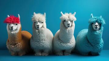 generativo ai, grupo de positivo diferente colores de alpacas o llamas, gracioso animales individualidad, independencia, pensar diferente, creativo idea, diversidad y inclusivo concepto. foto